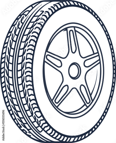 Car wheel and modern tire illustration detailed outline with tread pattern, five spoke rim for automotive design