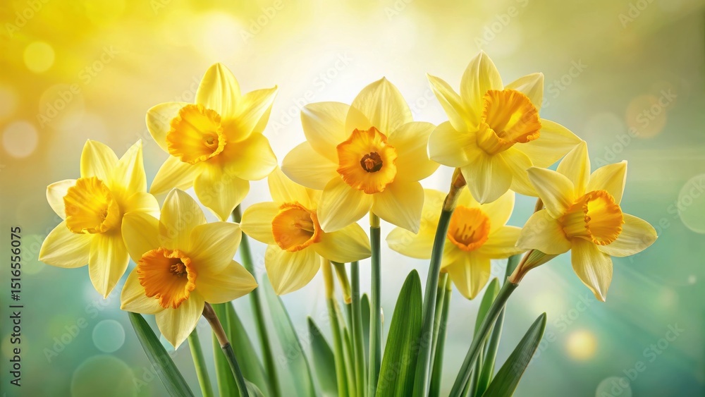 Fototapeta premium A cluster of vibrant yellow daffodils basking in the warm, gentle sunlight, their petals radiating a cheerful springtime glow.