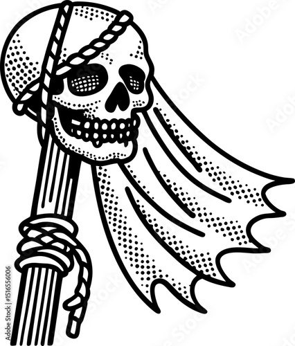 Pirate skull flag on pole vintage pirate symbol, skull and crossbones with tattered cloth, maritime danger warning