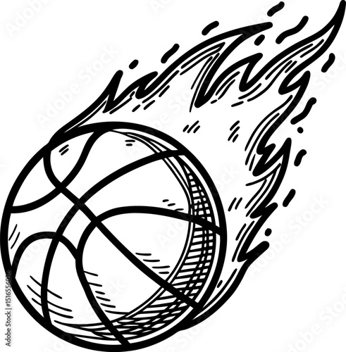 basketball with dynamic fiery flames hand drawn sketch of speeding ball, energetic movement, sports illustration