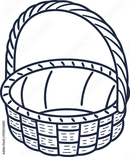 Wicker picnic basket with handle empty handwoven container for food, fruits, and outdoor gatherings, isolated on white