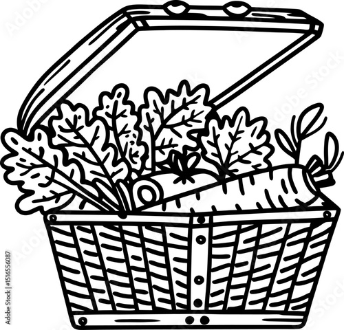 Picnic basket filled with fresh vegetables and leafy greens hand drawn line art illustration of healthy food