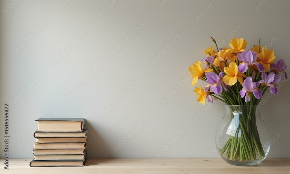 Yellow and Purple Irises Complementing Books in Minimalist Setting Yellow and Purple Irises Complementing Books in Minimalist Setting