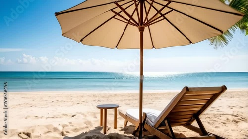 Beach scene featuring a lounge chair with umbrella and small table near turquoise water and clear blue sky, perfect for relaxation.