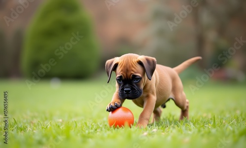 Playful Boxer Puppy Energetically Enjoying Orange Ball in Grass photo