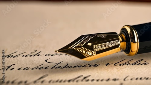 Close-up of vintage fountain pen with golden nib on parchment paper writing calligraphy script, aged document