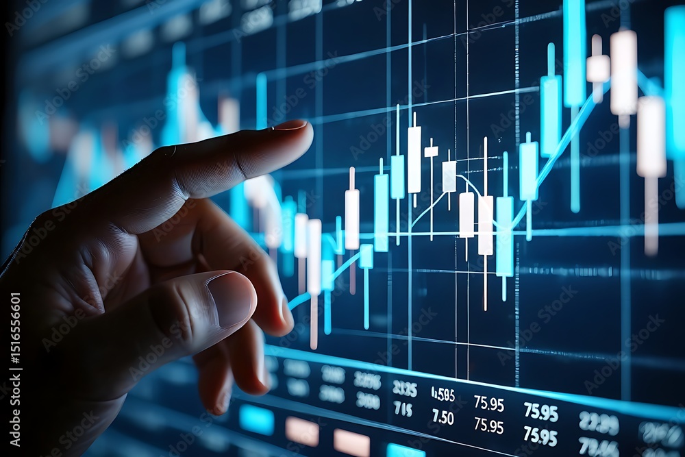 Hand interacting with stock market chart on a digital display showing financial data analysis trend Hand interacting with stock market chart on a digital display showing financial data analysis trend