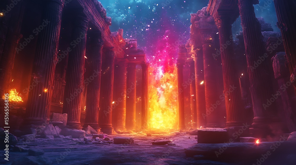 Fototapeta premium Ancient ruins illuminated by mystical fire, evoking a sense of wonder and mystery