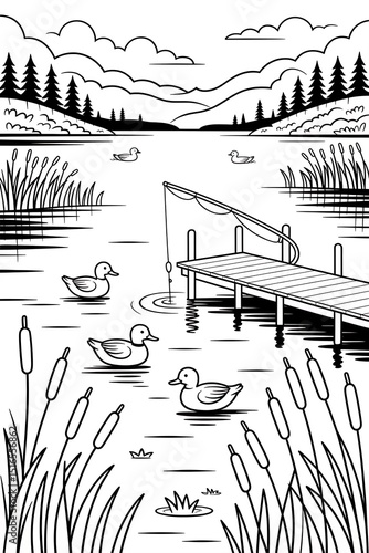 Coloring page of ducks swimming in a lake with a fishing dock and mountain backdrop