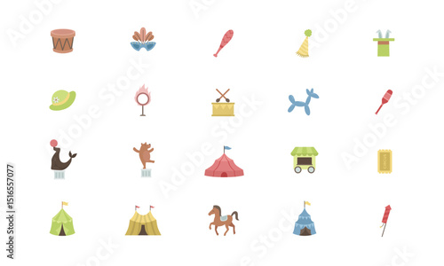amusement park and carnival icon collection featuring rides, attractions, food stalls, and festival elements