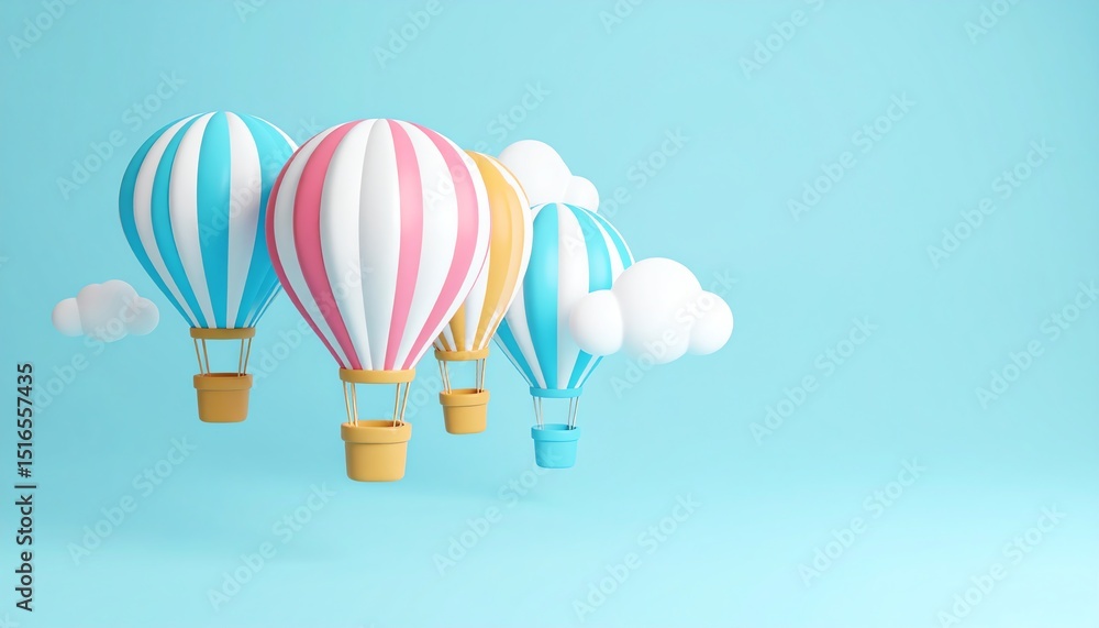 Naklejka premium Multiple hot air balloons gracefully floating in the clear sky surrounded by fluffy clouds creating an inviting scene