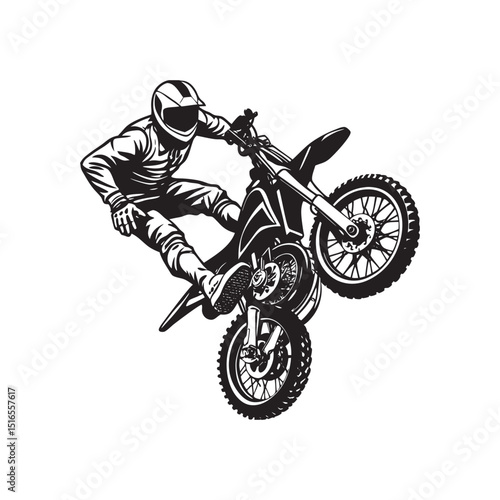 Motocross rider on a white background, isolated black silhouette jumping a sport motorcycle with speed