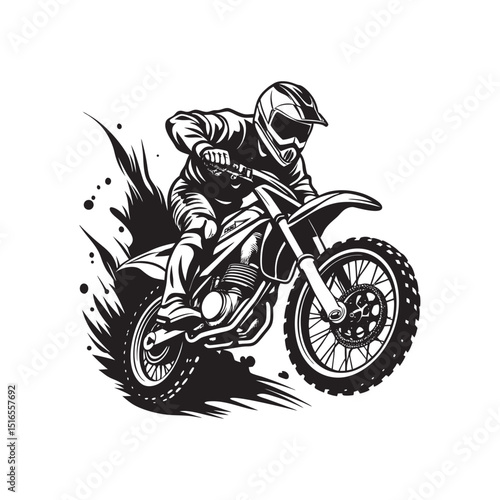 Black silhouette vector illustration of a motocross sport biker riding a motorcycle at speed, performing a stunt jump