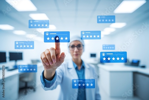 Scientist using touch screen technology interacts with five star ratings, showcasing feedback and online reviews in a modern lab setting.