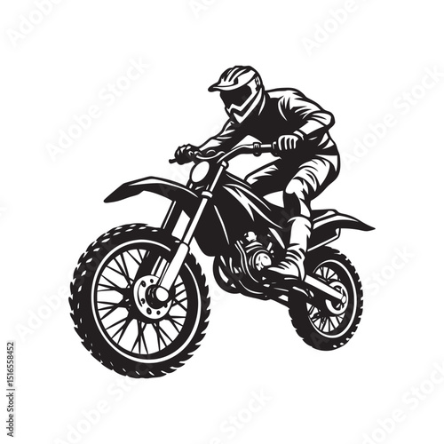 Motocross rider on a white background, isolated black silhouette jumping a sport motorcycle with speed