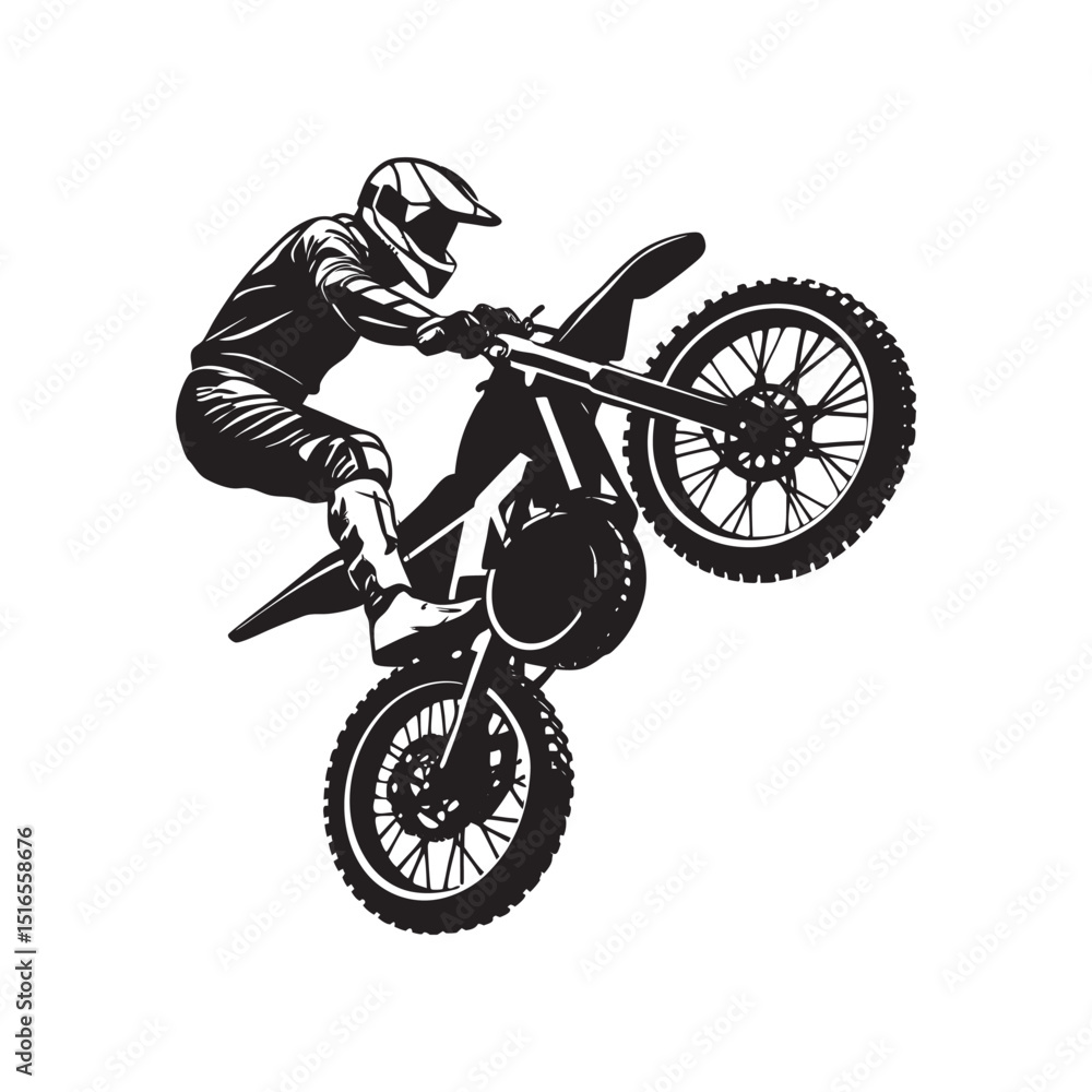Naklejka premium Motocross rider on a white background, isolated black silhouette jumping a sport motorcycle with speed