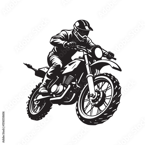 Black silhouette vector illustration of a motocross sport biker riding a motorcycle at speed, performing a stunt jump