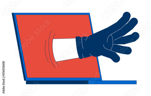 Cyber threat gloved hand reaching from laptop vector illustration. Hacking attempt. Online breach. Unauthorized access. Digital crime 2D cartoon image isolated on white. Editable flat clipart colorful