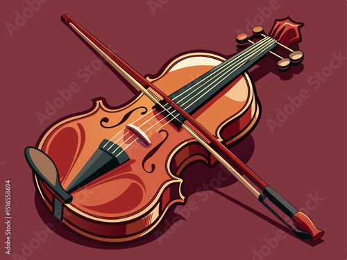 A detailed vector of a violin and bow resting on a solid maroon background, elegant and vintage style