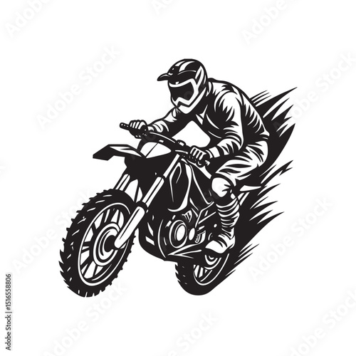 Black silhouette vector illustration of a motocross sport biker riding a motorcycle at speed, performing a stunt jump