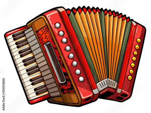A detailed vector of a red accordion with buttons and keyboard, isolated on a white background