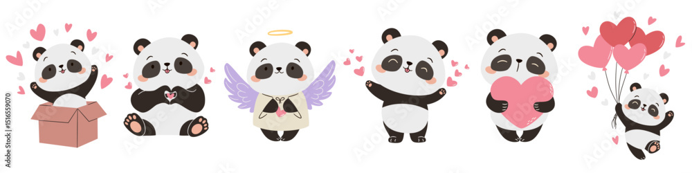 Naklejka premium A set of flat vector illustrations in a simple children's style. Cute illustrations for valentine's day. Cute pandas with hearts, flying on balloons and jumping out of a box. Vector illustration