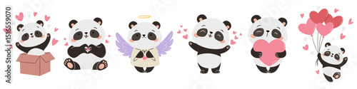 A set of flat vector illustrations in a simple children's style. Cute illustrations for valentine's day. Cute pandas with hearts, flying on balloons and jumping out of a box. Vector illustration