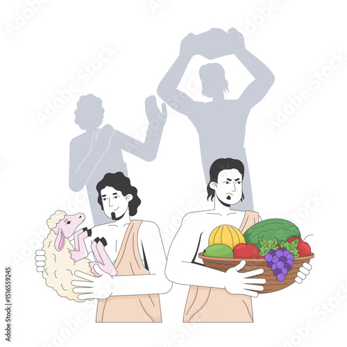 Cain and Abel 2D illustration concept. Bible story. Old testament. Brothers with offerings, first biblical murder silhouette cartoon bible characters isolated on white. Flat abstract vector metaphor