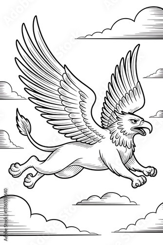 Coloring page of a griffin flying in the sky, isolated on white background