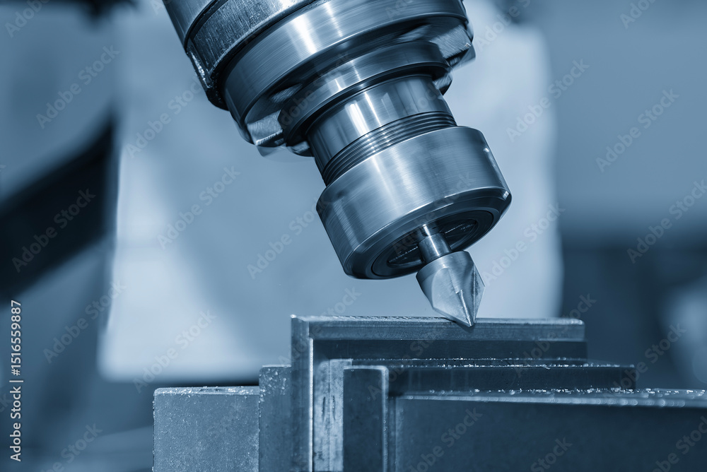 The chamfering process on NC milling machine with chamfer tools in the light blue scene. The chamfering process on NC milling machine with chamfer tools in the light blue scene.