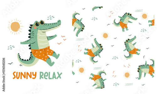 Set of vector prints for printing on children's products. Cute crocodile in swim trunks and sunglasses, caption. Seamless vector pattern. Vector illustration