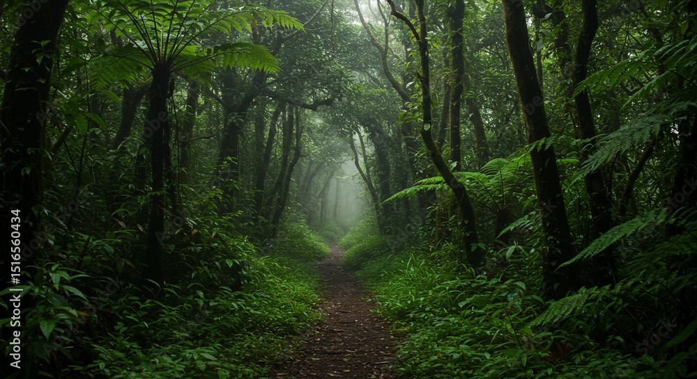 Obraz premium Misty Forest Path: A Serene Jungle Trail