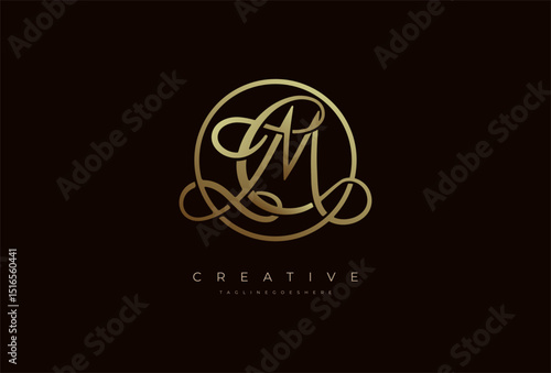 Abstract initial letter CM calligraphy Logo, Luxury letter CM in gold circle design, vector illustration