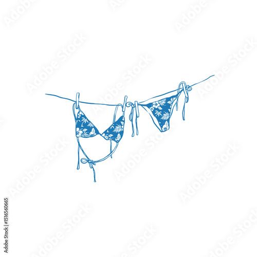 Blue bikini hand drawn vector. Vintage beach outfit clip art