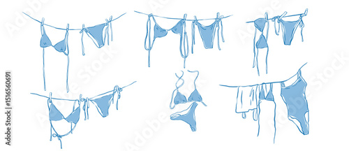 Hand drawn blue bikini collection vector. Hand drawn bikini hanging on  clothesline vector  collection