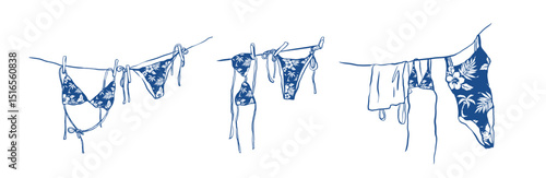 Hand drawn vintage bikini collection, dark blue bikini on handing vector, bikini silhouette clip ar, trending bikini poster