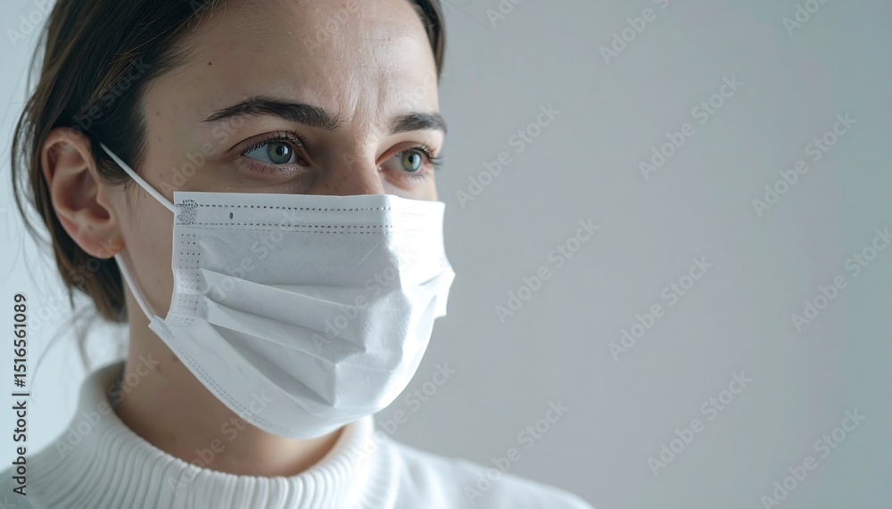 Woman wearing a white protective mask, thoughtful expression Woman wearing a white protective mask, thoughtful expression