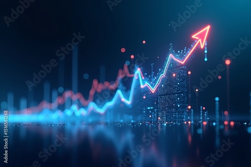 Neon glowing stock market graph with an arrow pointing upwards over a futuristic cityscape view
