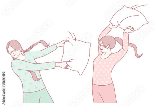 Two friends are engaging in a lively and cheerful pillow fight, beautifully showcasing the joy of their friendship