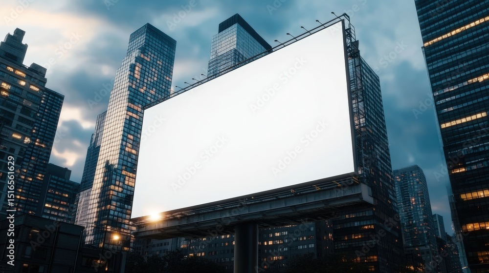 Large blank digital billboard in modern city skyline surrounded by tall skyscrapers du dusk Large blank digital billboard in modern city skyline surrounded by tall skyscrapers du dusk