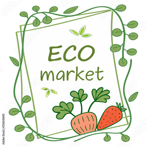 Eco market logo with green plants, vegetables, and fresh produce design