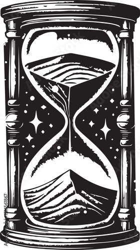 Hourglass, collage element with vintage stipple photocopy effect, with retro grainy texture. Vector illustration for grunge psychedelic surreal poster or tattoo in 90s aesthetic