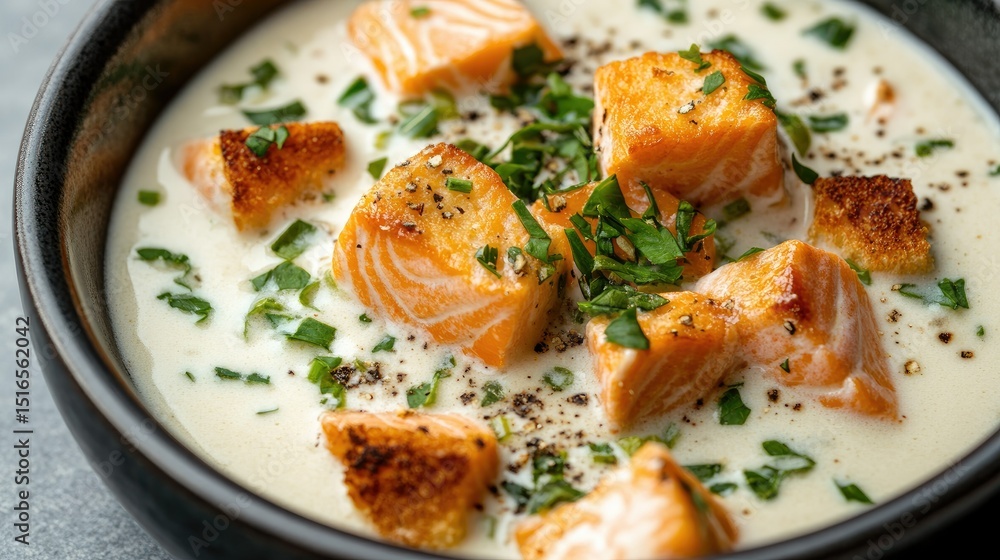 A close-up of Finnish salmon soup with fresh herbs, soft vegetables, and crispy croutons in a creamy broth, on a gray background. A close-up of Finnish salmon soup with fresh herbs, soft vegetables, and crispy croutons in a creamy broth, on a gray background.