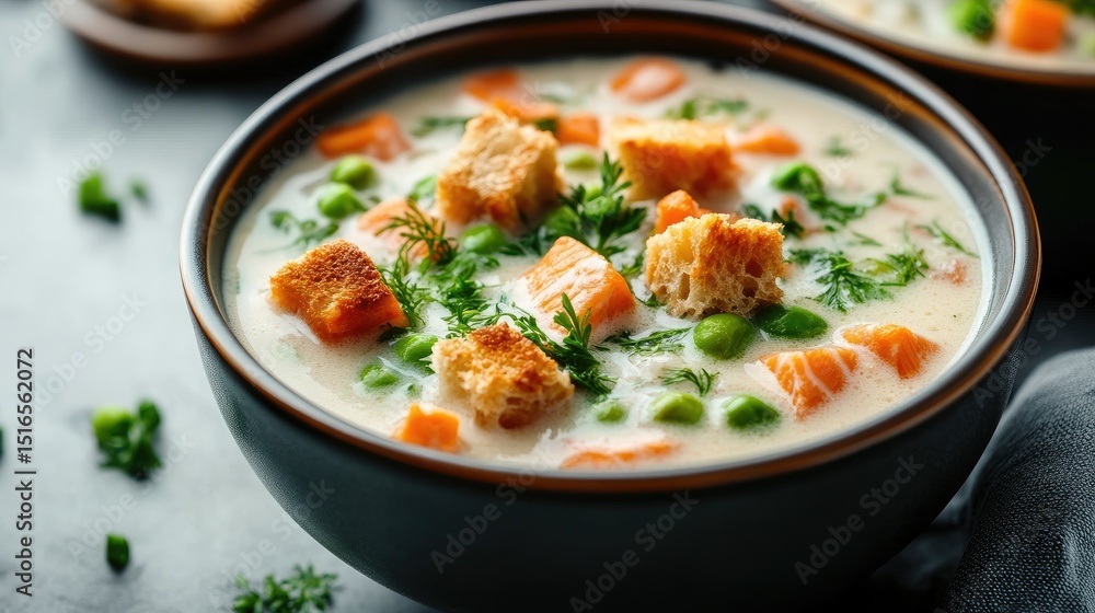 A close-up of Finnish salmon soup with fresh herbs, soft vegetables, and crispy croutons in a creamy broth, on a gray background. A close-up of Finnish salmon soup with fresh herbs, soft vegetables, and crispy croutons in a creamy broth, on a gray background.