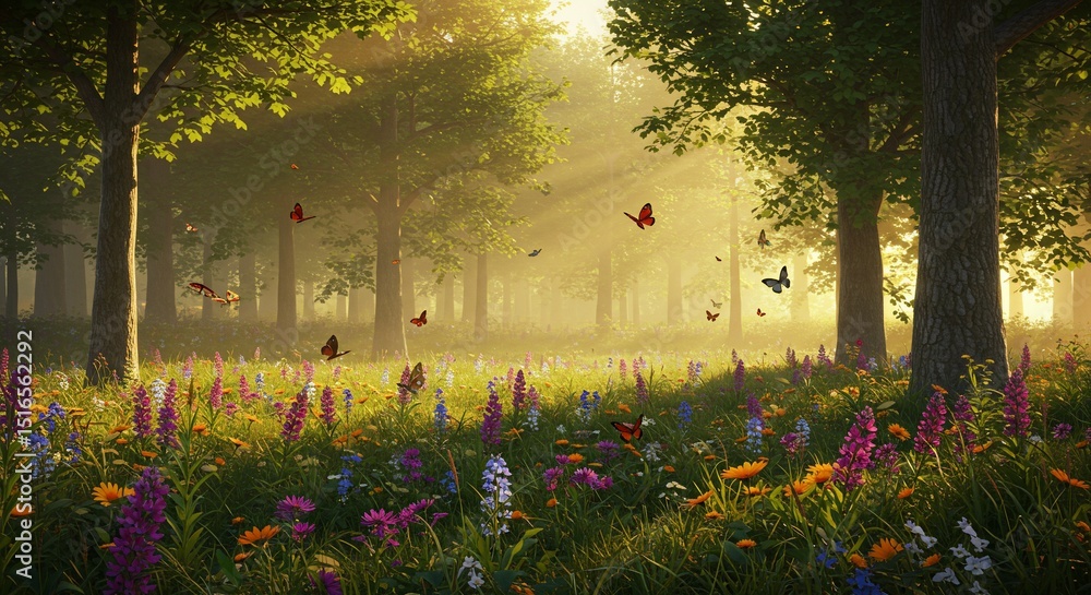Obraz premium Sunlit Forest Meadow with Colorful Flowers and Butterflies