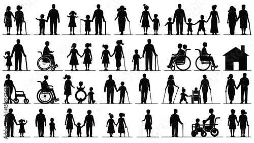 Silhouettes of Diverse Individuals: Families, Seniors, Children, and People with Disabilities.