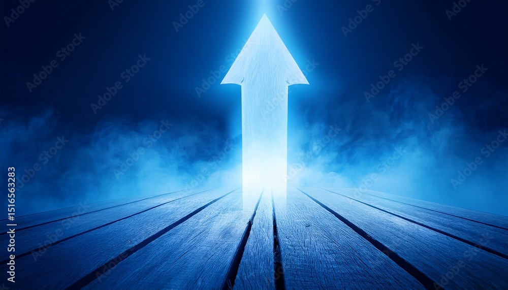 Fototapeta premium a vibrant arrow of light towers over a wooden platform piercing through mysterious blue mist