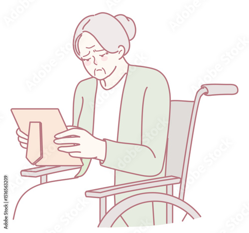 A thoughtful elderly woman seated in a wheelchair appears to be deeply immersed in reading a heartfelt letter