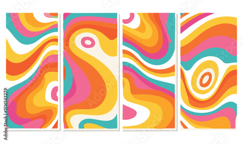 Vector Abstract Retro-Inspired Swirling Psychedelic Panel Series in Bold 1960s and 1970s Style with Vibrant Oranges, Pinks, and Turquoise Flowing Liquid Patterns

