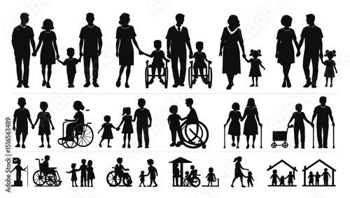 Diverse Family Silhouettes: Inclusive Representation of Relationships, Generations, and Abilities within a Community.